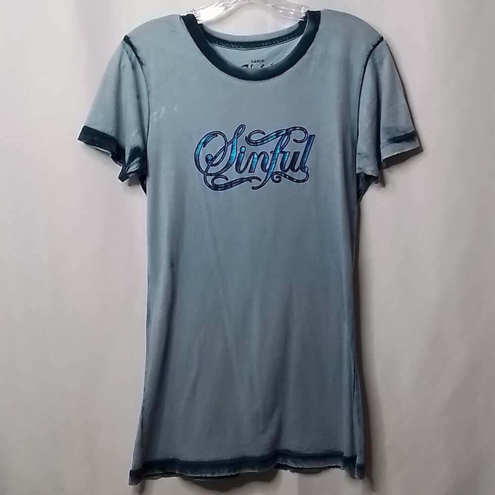 SINFUL BY AFFLICTION BLUE METALLIC DISTRESSED T-SHIRT SIZE L